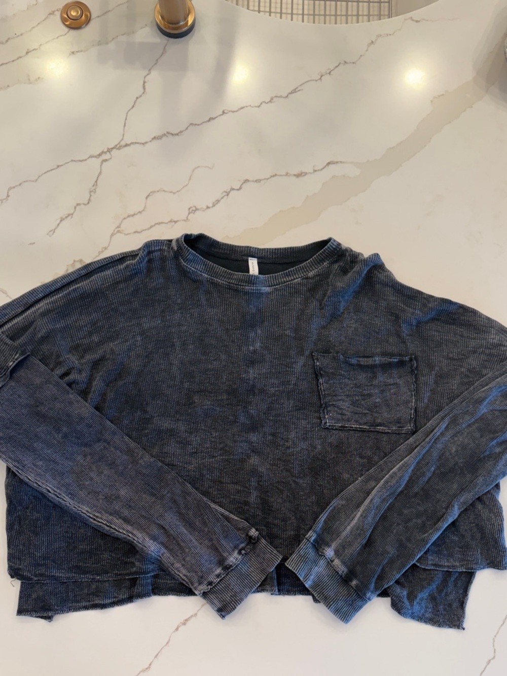 Altar'd State Washed Navy Blue Long Sleeve Ribbed Crop Tee